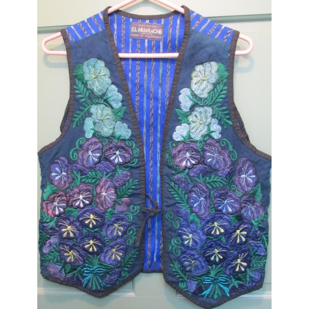 El Huarache Imports Hand Woven Embroidered Floral Tie Front Vest One Size